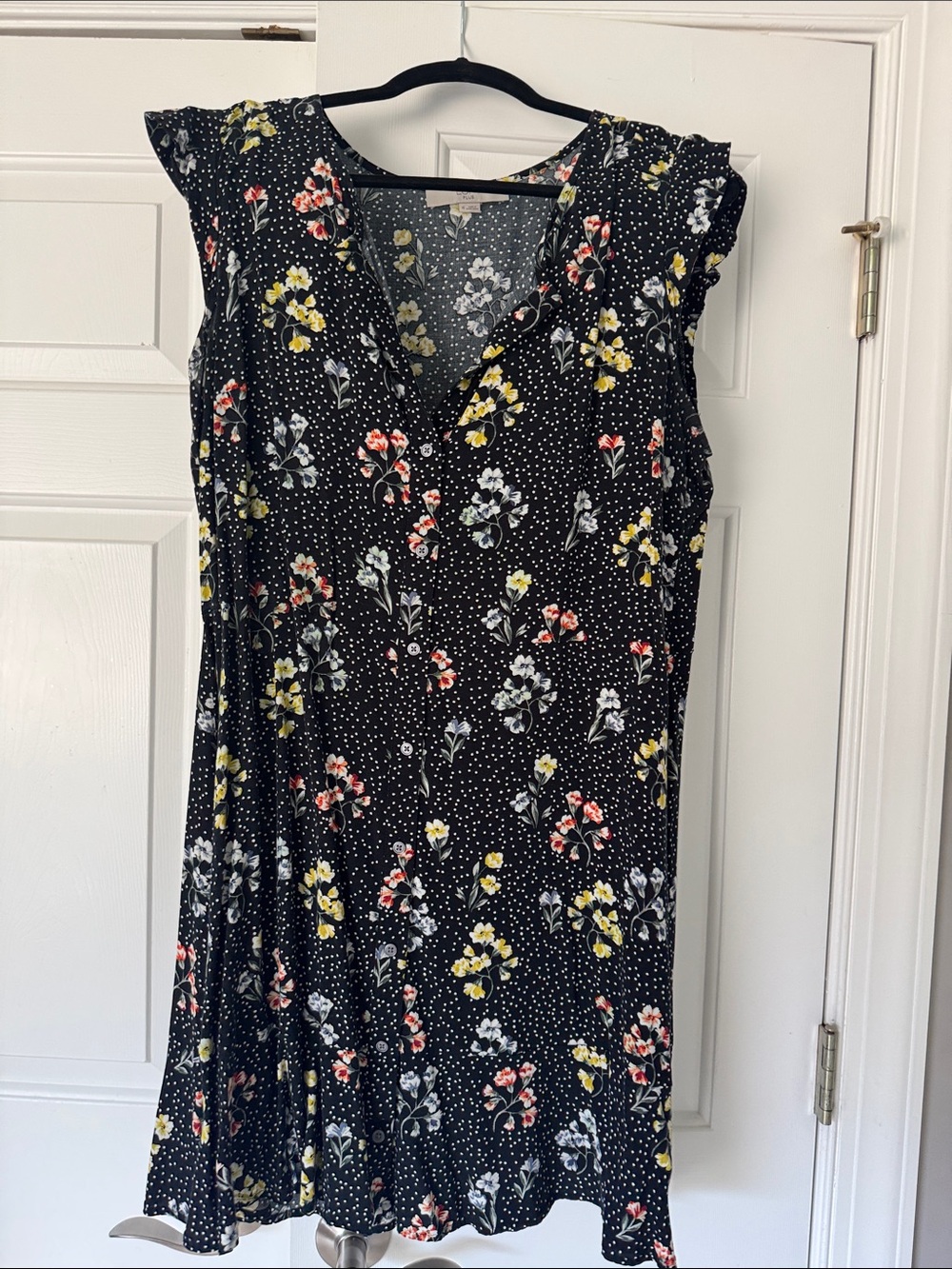 LOFT Black Floral Midi Dress with Yellow & Pink Flowers
